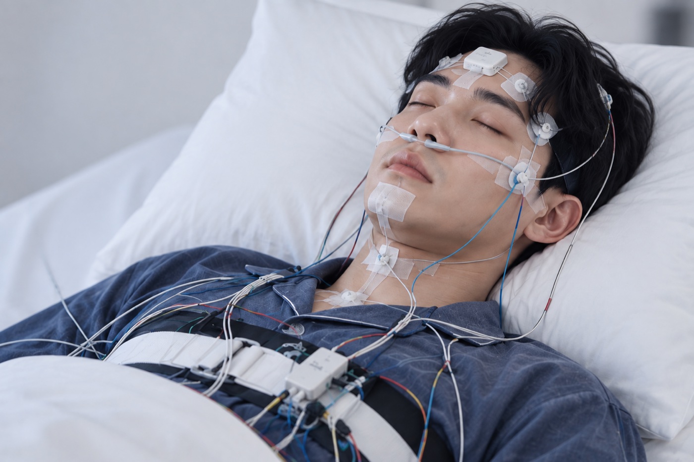 In-lab polysomnography setup with multiple wired sensors